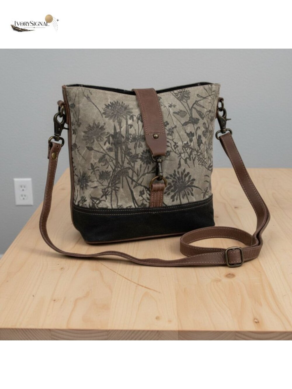 Canvas Floral Shoulder Bag Buffalo Leather Strap Handcrafted Satchel Purse